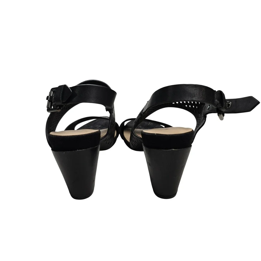 Naked Feet Leo‎ Sandals Womens 8.5 Black Leather Block Heel Laser Cut